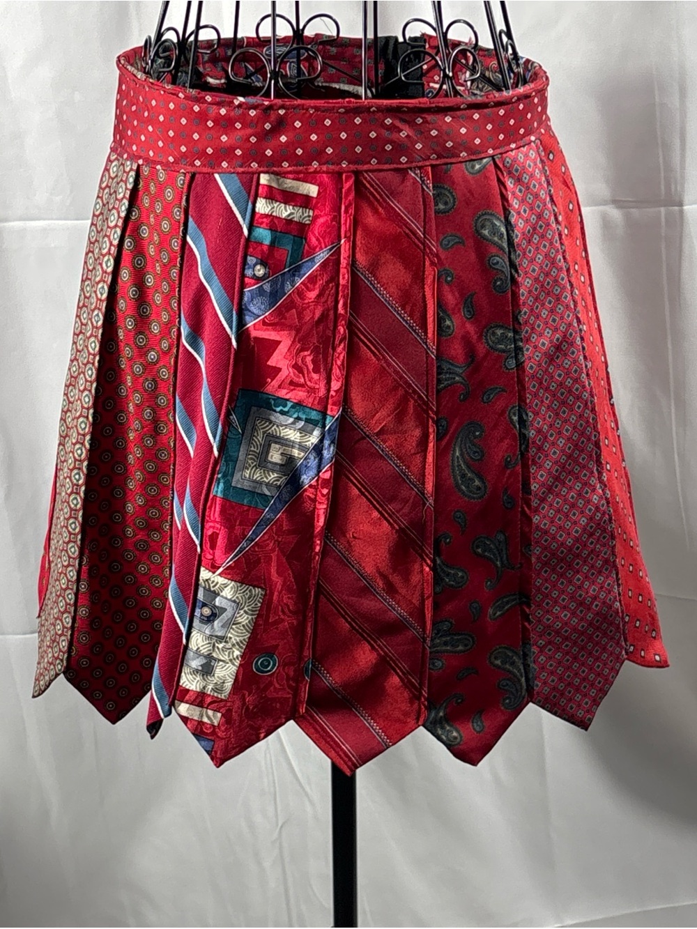 Red Patchwork Tie-Panel Mini Skirt - upcycled Vintage Women's Statement Skirt